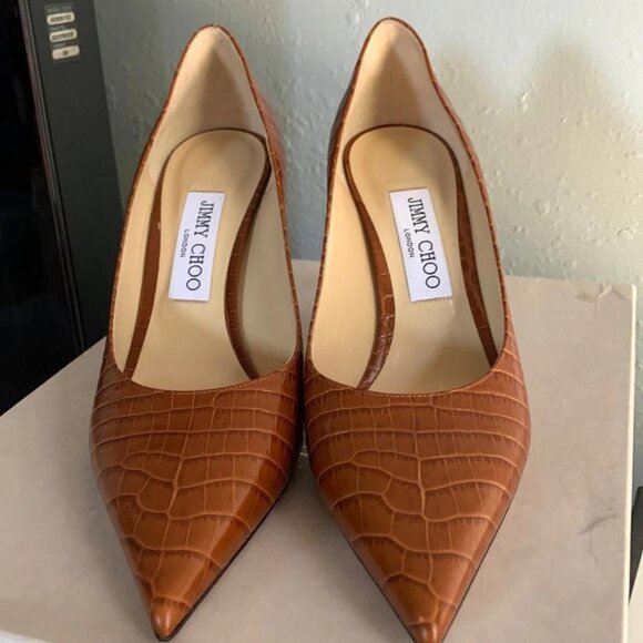Jimmy Choo Shoes - Jimmy Choo Love 85 Brown Croc Embossed Pointed Toe Pumps